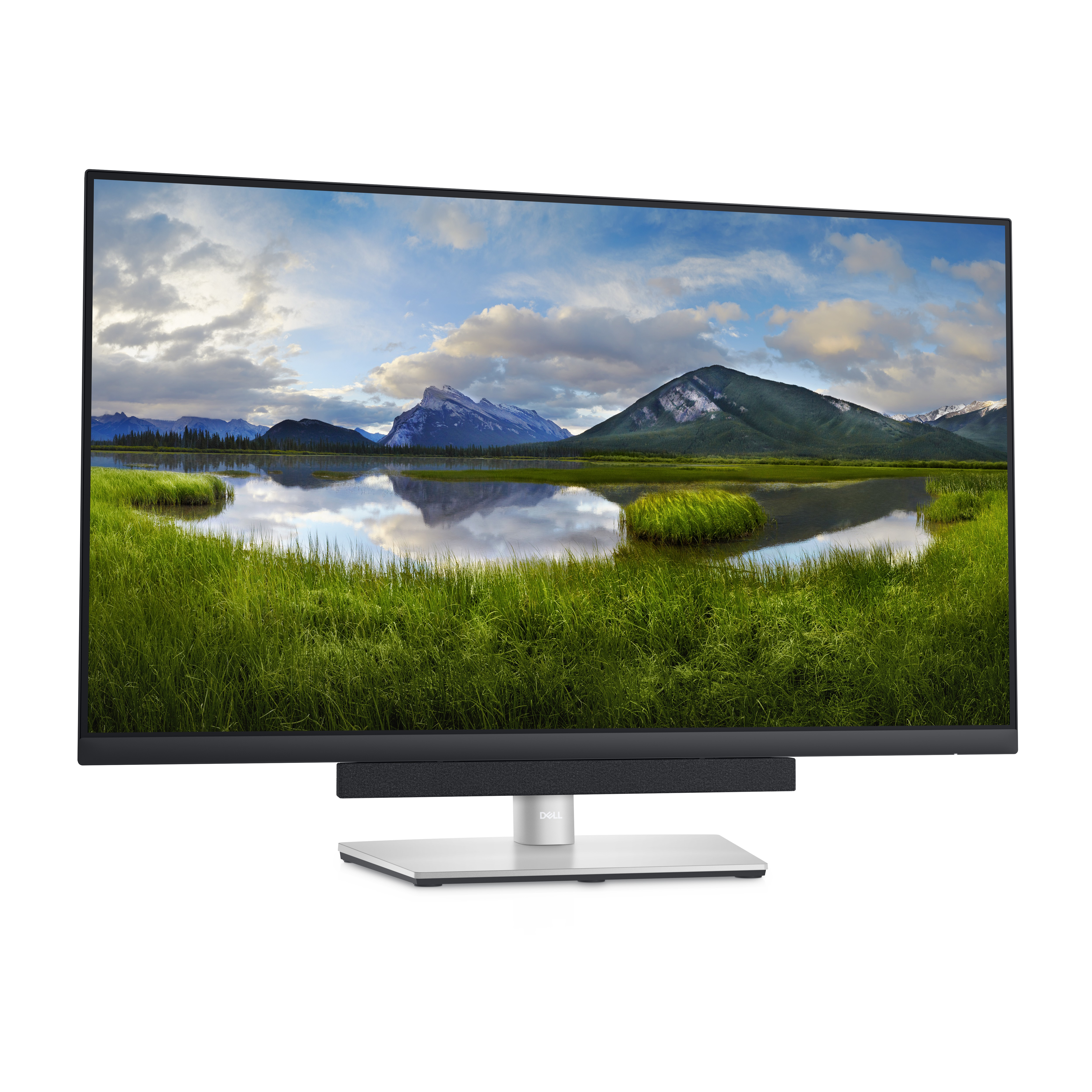 Dell-Monitor zeigt eine Landschaft mit Bergen, See und grünem Gras. Er hat einen schwarzen Rahmen und einen silbernen Ständer.