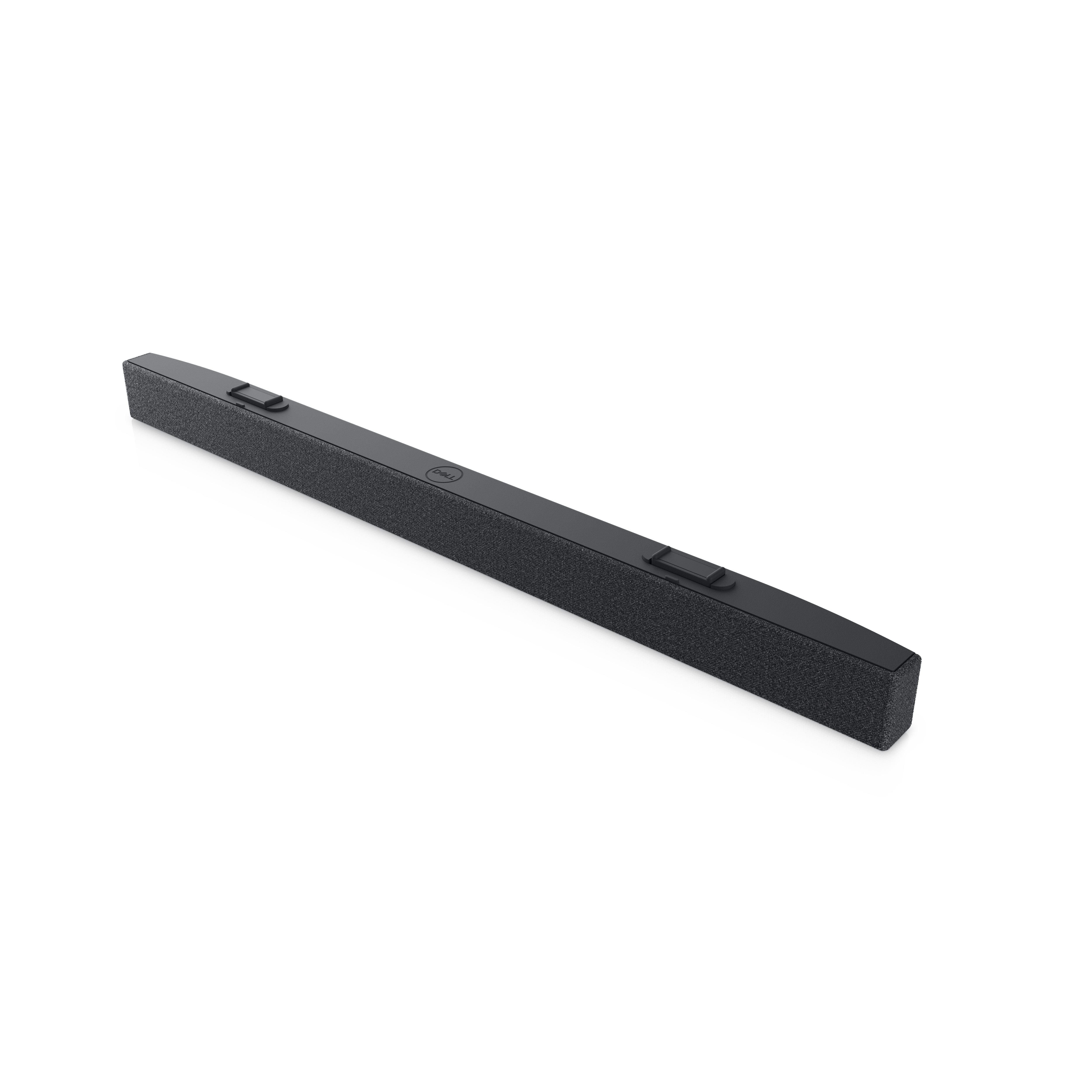Eine schwarze Soundbar auf weißem Hintergrund. Sie hat eine Stofffront und Knöpfe oben. Das Dell-Logo ist sichtbar.