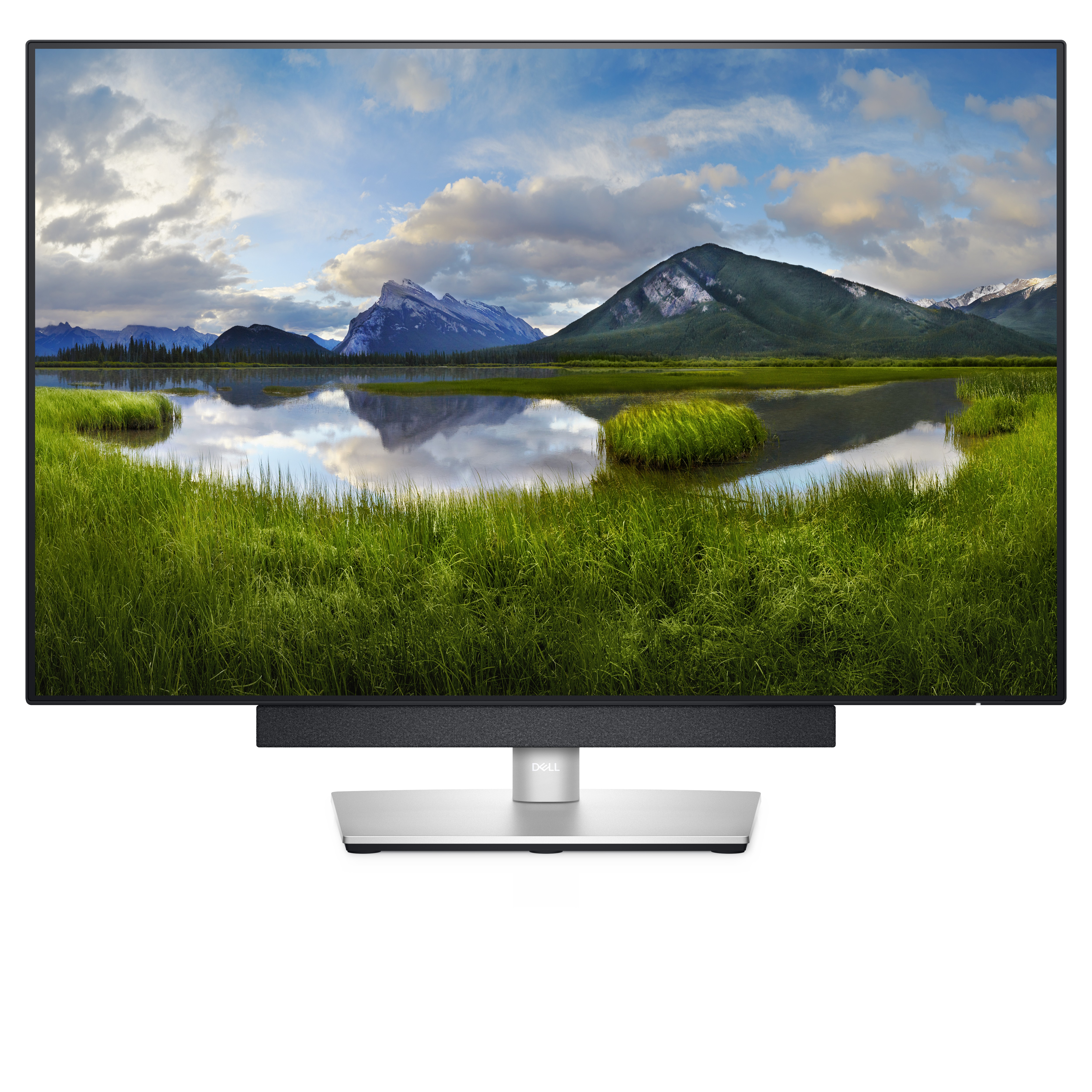 Ein Monitor, der eine Landschaft mit Bergen, einem See und grünem Gras zeigt. Er hat eine Soundbar unten.
