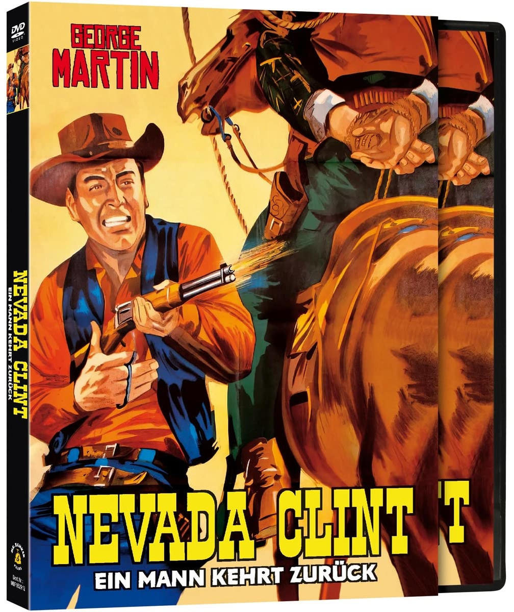 Filmcover eines Cowboys mit Gewehr und Pferd. Text enthält den Titel „Nevada Clint“.
