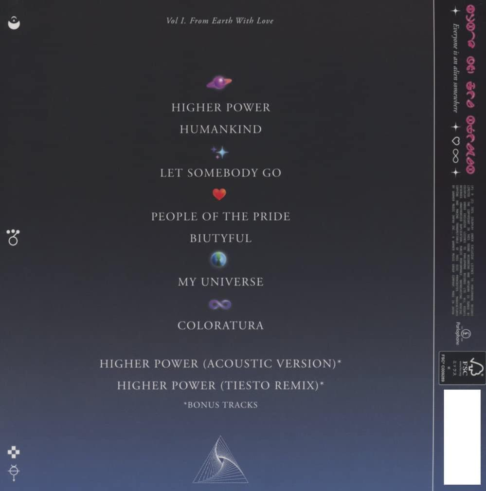 Pochette d'album avec fond bleu foncé. Liste des titres en texte blanc à gauche, texte supplémentaire.