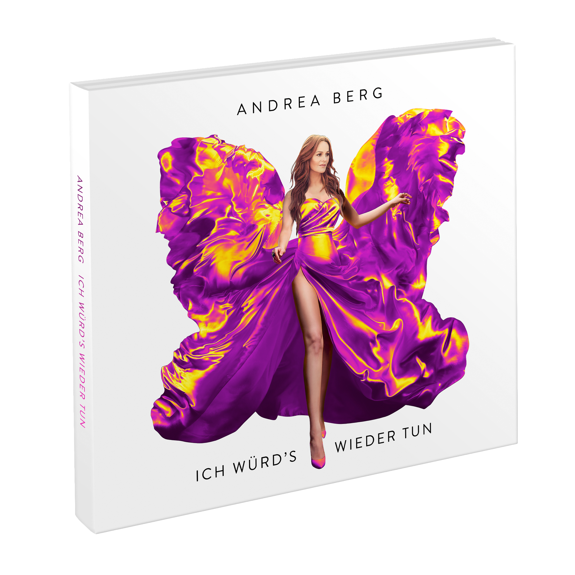 Buchcover mit einer Frau in lila Kleid mit Flügeln. Der Titel ist Andrea Berg - Ich würd's wieder tun.