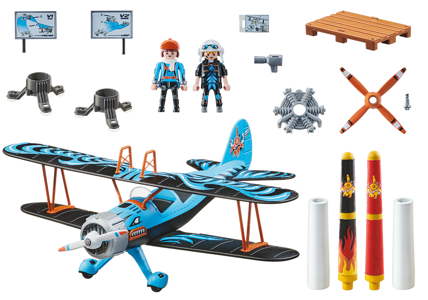 Spielzeugflugzeug, zwei Figuren und Zubehör auf weißem Hintergrund. Blaues und schwarzes Design.