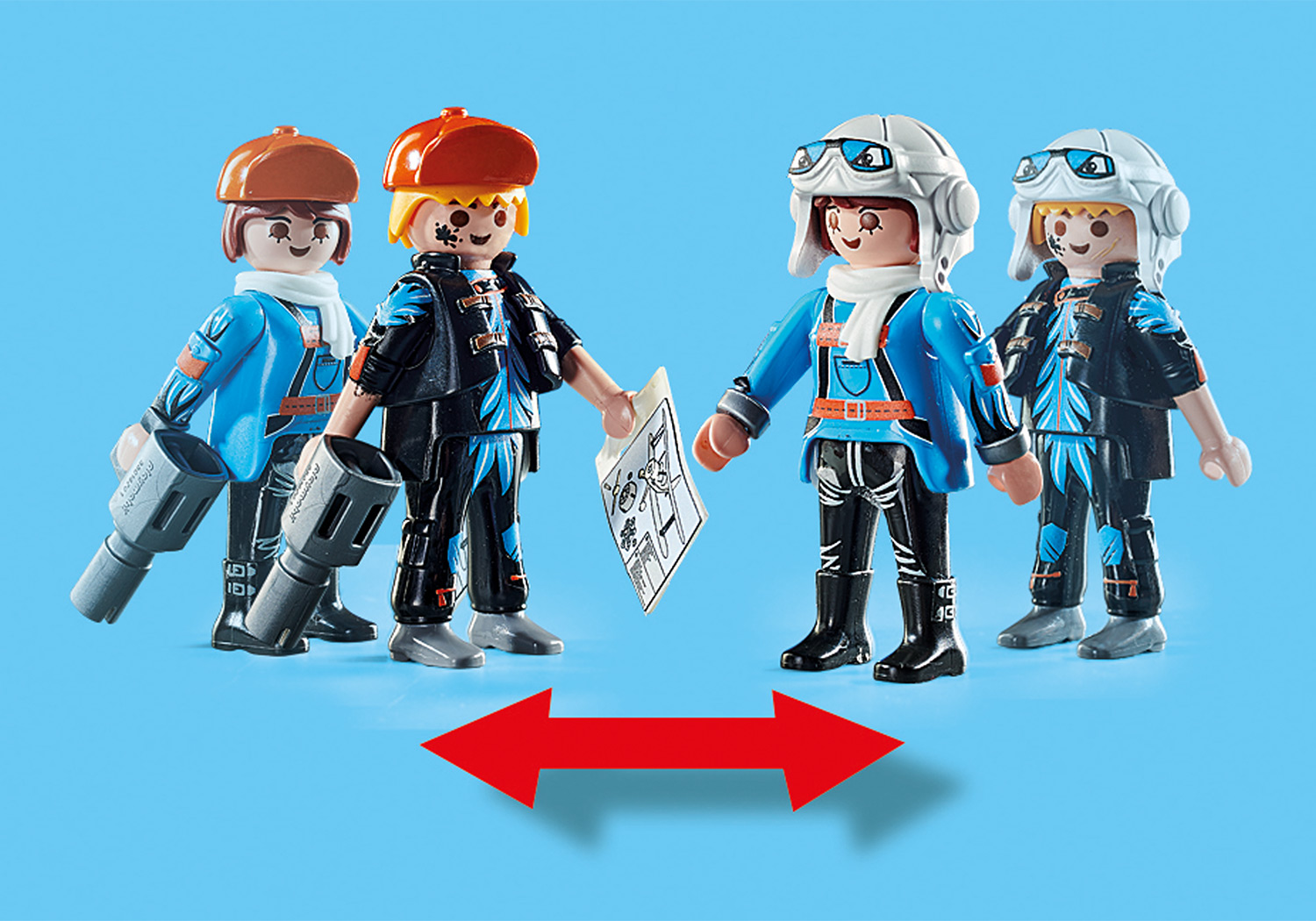 Spielzeugfiguren von Piloten, zwei gegenüber zwei, mit einem Pfeil.