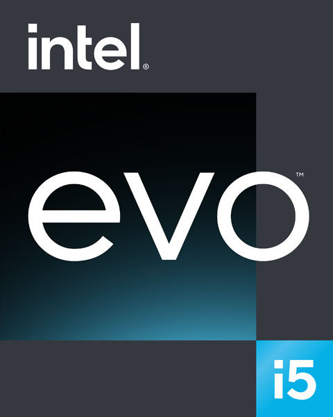 Intel 'evo'-Logo auf einem Farbverlaufshintergrund. Das Wort 'intel' steht über 'evo', mit 'i5' in der Ecke.