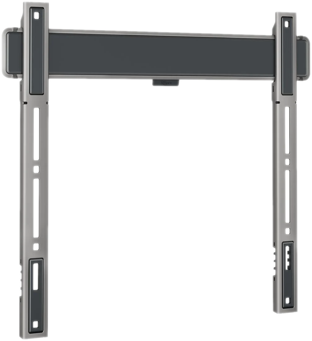 Un support mural TV métallique, design rectangulaire, barre centrale gris foncé.