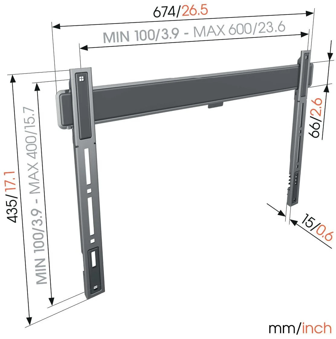 Support mural pour un téléviseur, gris, avec détails dimensionnels.