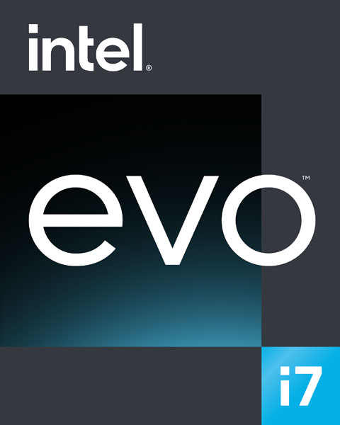 Intel-Logo, weißer 'evo'-Text und 'i7' auf dunkelblauem und grauem Hintergrund.