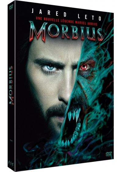 Boîtier DVD du film Morbius, avec le visage de Jared Leto. Texte et graphiques visibles.