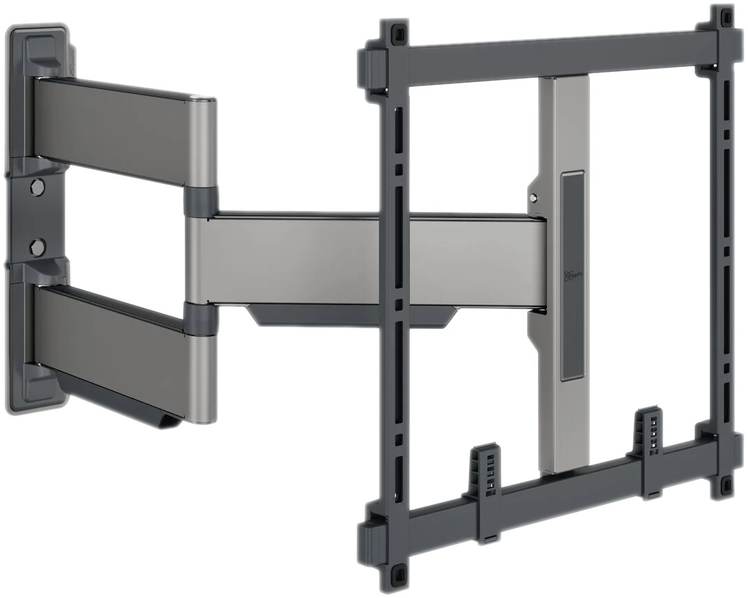 TV-beugel. Zilver en grijs, aan de muur gemonteerd, beweegbare arm, met een vierkant frame voor de tv.