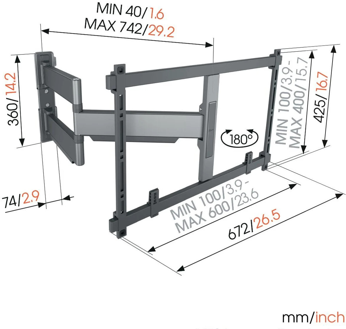 Wandbeugel met metingen en afmetingen in zowel mm als inches.