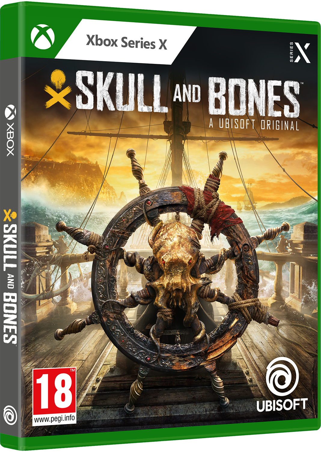 Xbox Series X gamebox. Skull and Bones. Piratenschip op de cover. Donker, actiegericht ontwerp.