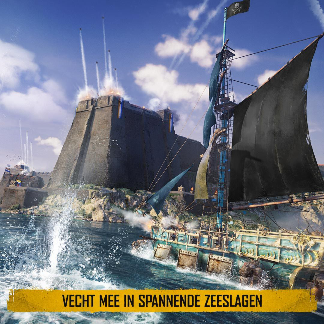 Een piratenschip dat kanonnen afvuurt, met de tekst 'VECHT MEE IN SPANNENDE ZEESLAGEN'.