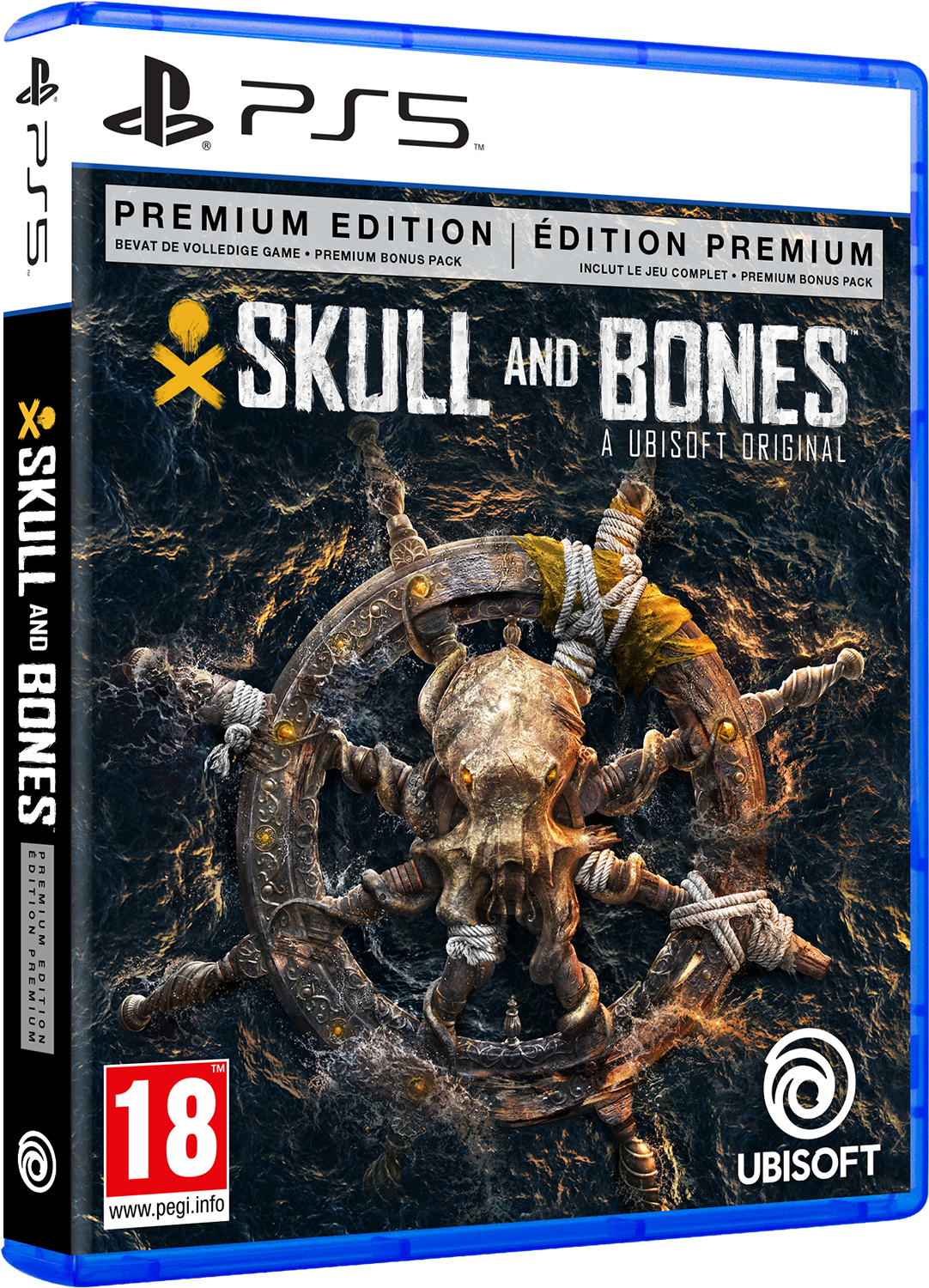 Skull and Bones PS5 game cover, een piratenschip stuurwiel en een schedel.