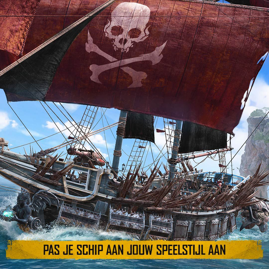 Piratenboot met schedelvlag op water. Tekst: 'Pas je schip aan je speelstijl aan'.