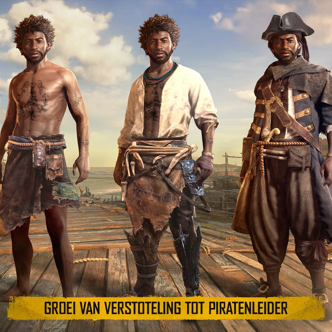 Drie mannen in piratenkostuums. Progressie van ontbloot bovenlichaam naar volledig piratenkostuum. Tekst onderaan.