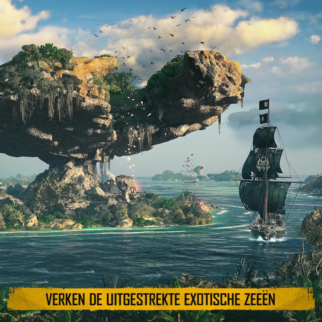Een piratenschip dat op het water vaart, met een eiland op de achtergrond.