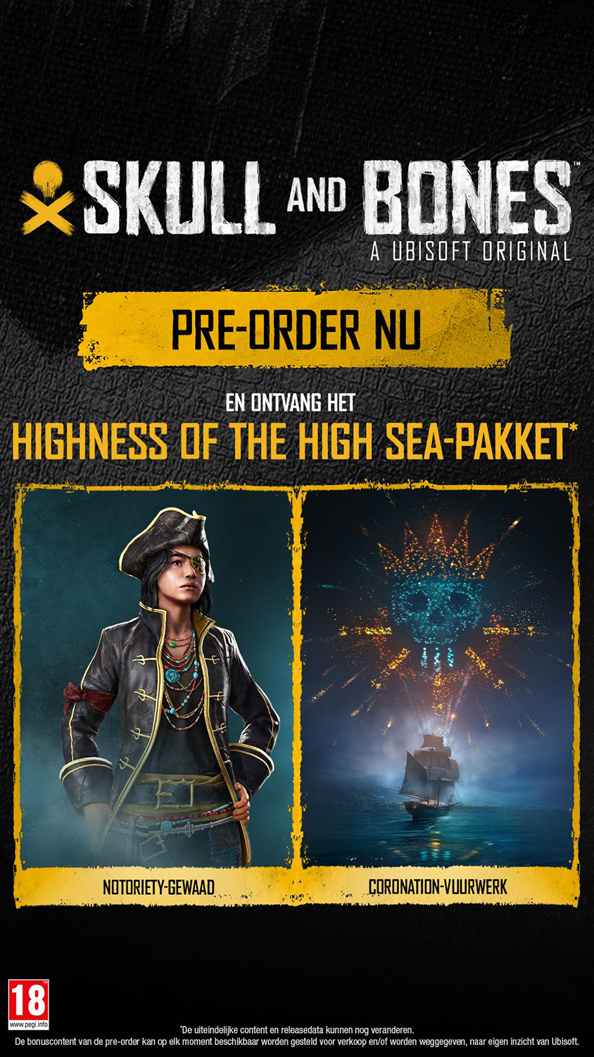Promotieposter voor 'Skull and Bones' met game art. De poster bevat een piratenafbeelding.