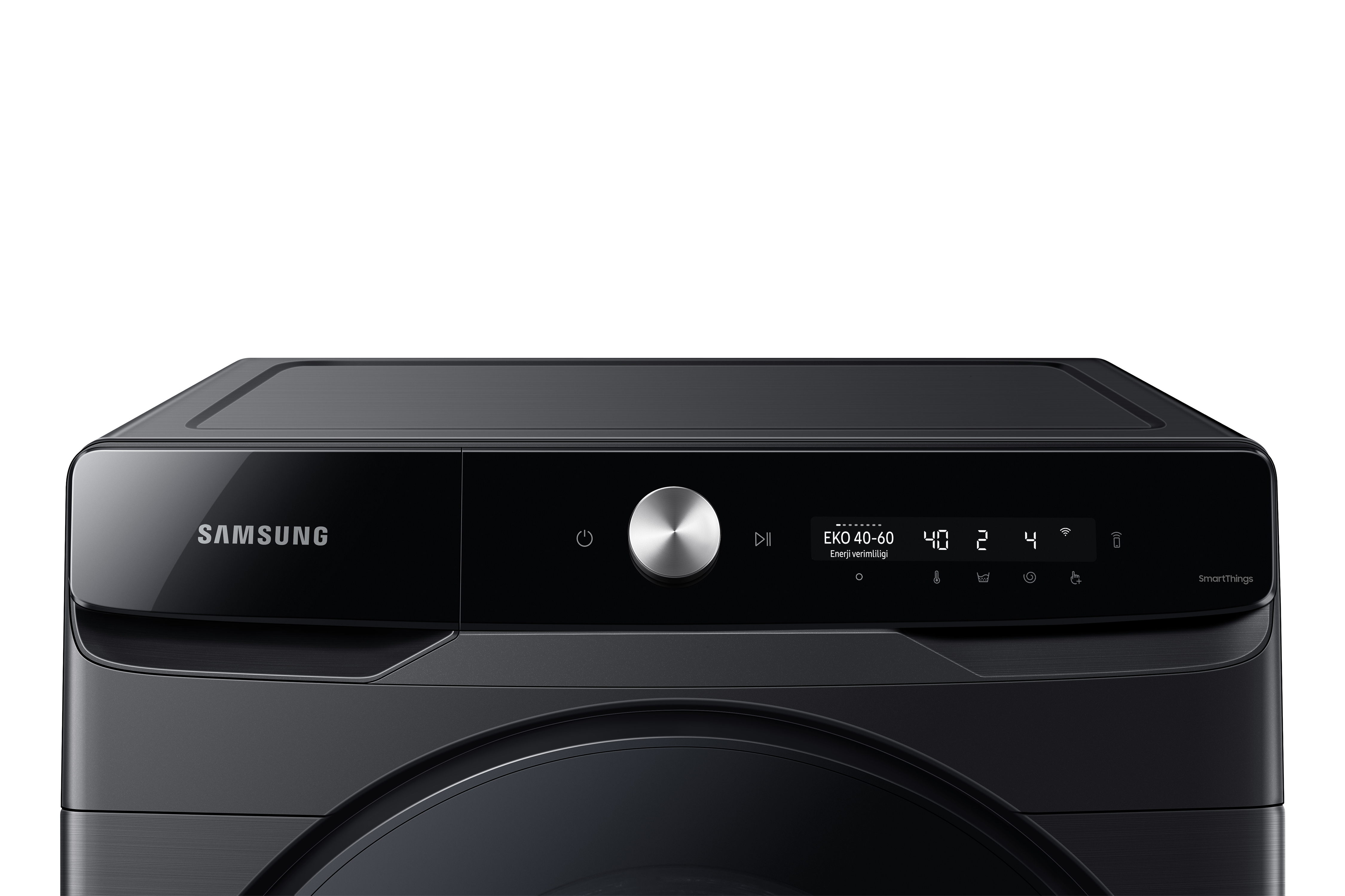 Siyah bir Samsung çamaşır makinesinin kontrol paneline, ayarları gösteren yakın çekim.