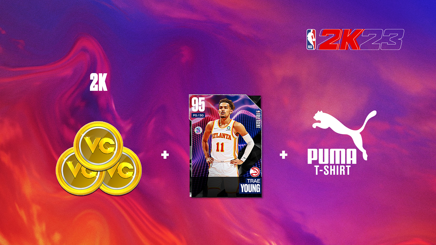 NBA 2K23-advertentie met Trae Young-kaart, VC-munten en Puma-shirt, op een paarse achtergrond.
