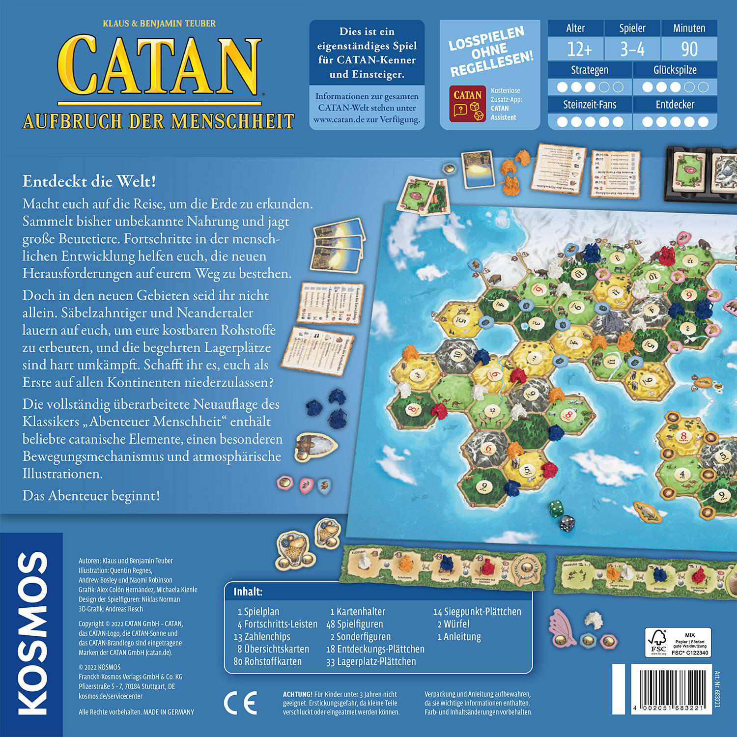 Catan Brettspielbox. Zeigt Spielbrett, Charaktere und Komponenten.