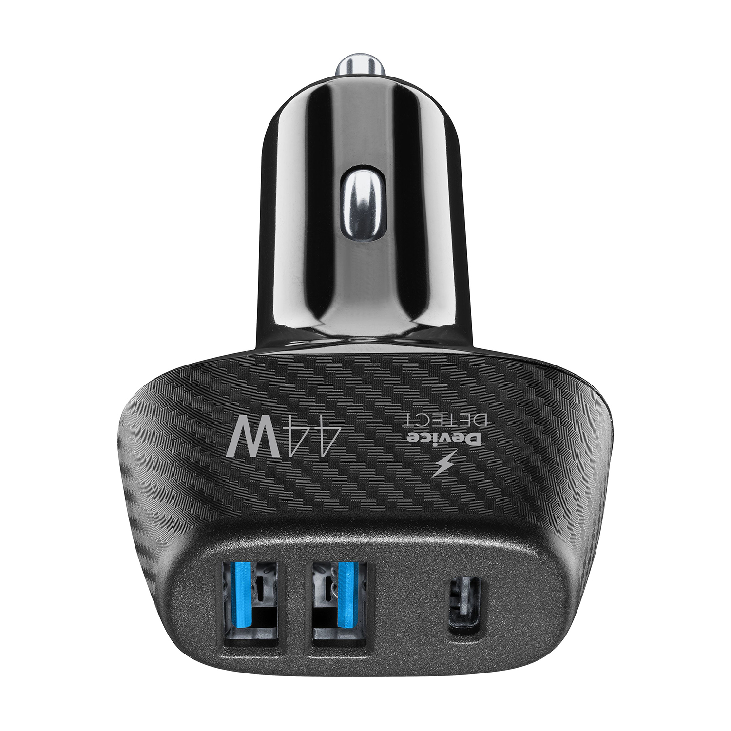 Caricabatterie per auto nero con due porte USB e una porta USB-C, superficie strutturata.