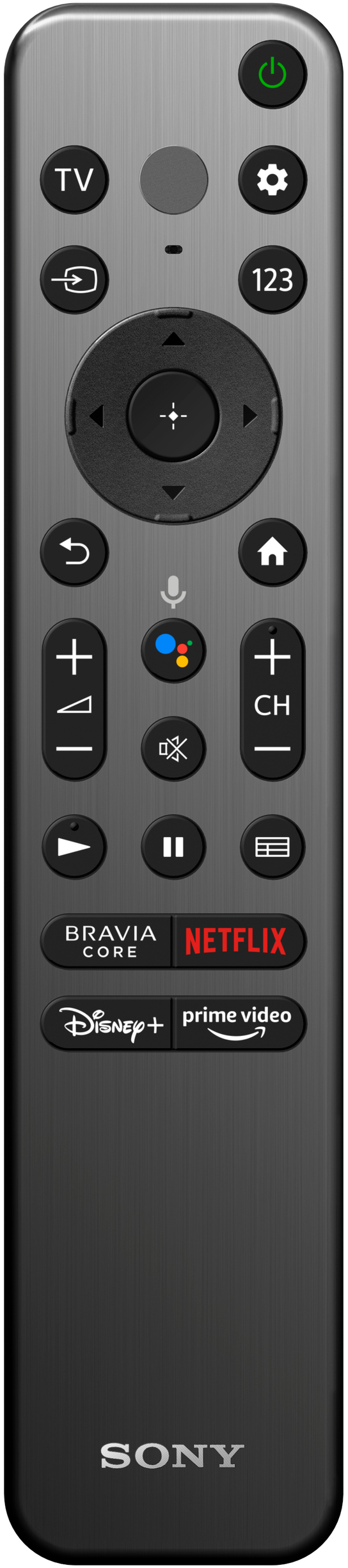 Fekete Sony távirányító sok gombbal a TV vezérléséhez.