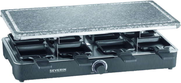 Egy raclette grill sajt tálcákkal és kőlappal.