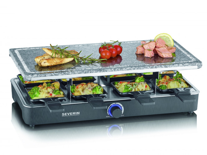SEVERIN RG2378 Raclette grill, természetes grillkő, 8 személyes, 8 db serpenyő, 1300W, fekete