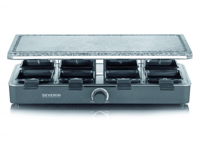 SEVERIN RG2378 Raclette grill, természetes grillkő, 8 személyes, 8 db serpenyő, 1300W, fekete