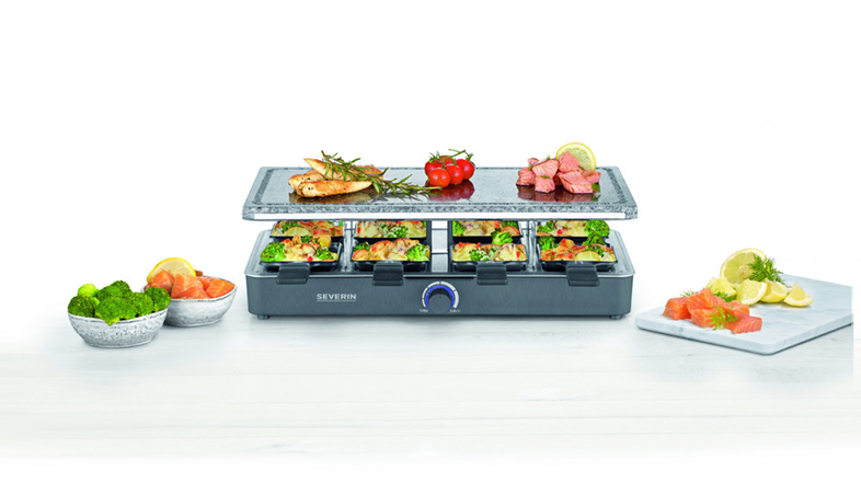 SEVERIN RG2378 Raclette grill, természetes grillkő, 8 személyes, 8 db serpenyő, 1300W, fekete