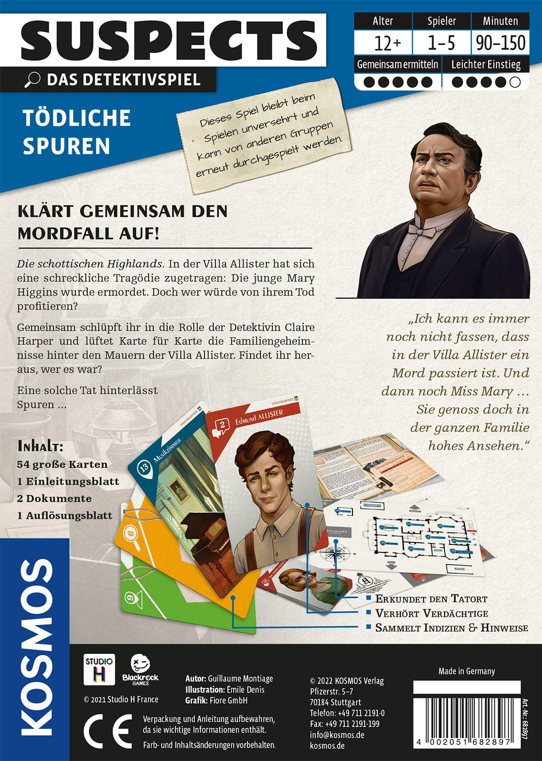 Eine Brettspielbox mit Text und Bildern. Die Box zeigt den Titel und die Komponenten des Spiels.