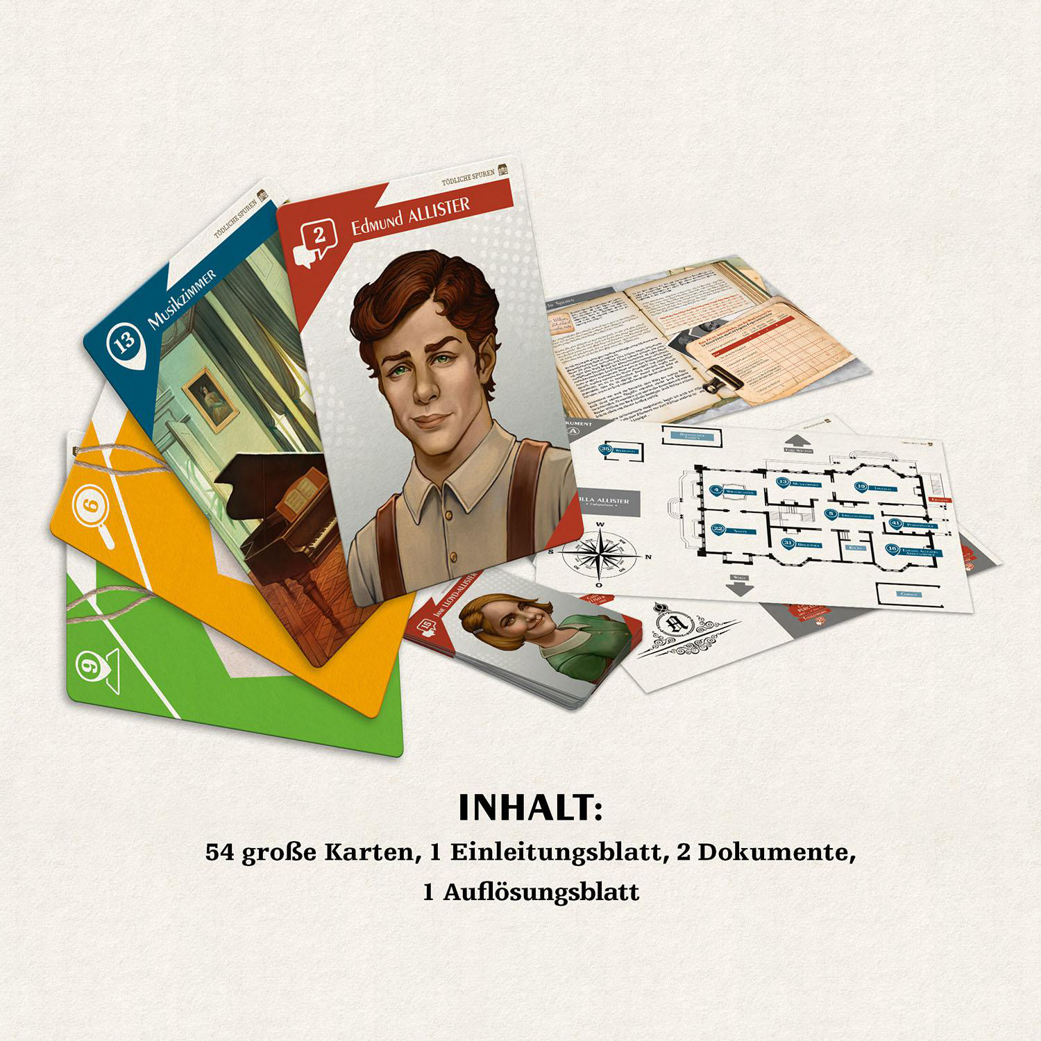 Karten, eine mit einem Männergesicht, andere mit Räumen und mehr. Text: INHALT: 54 Karten, 1 Blatt, 2 Doks, 1 Blatt.