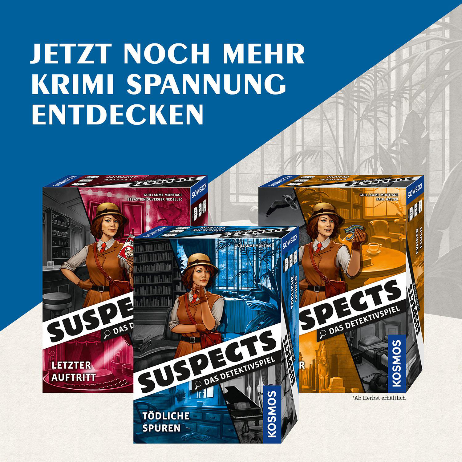 Brettspielboxen mit Frauen in Detektivkleidung, Text auf Deutsch.