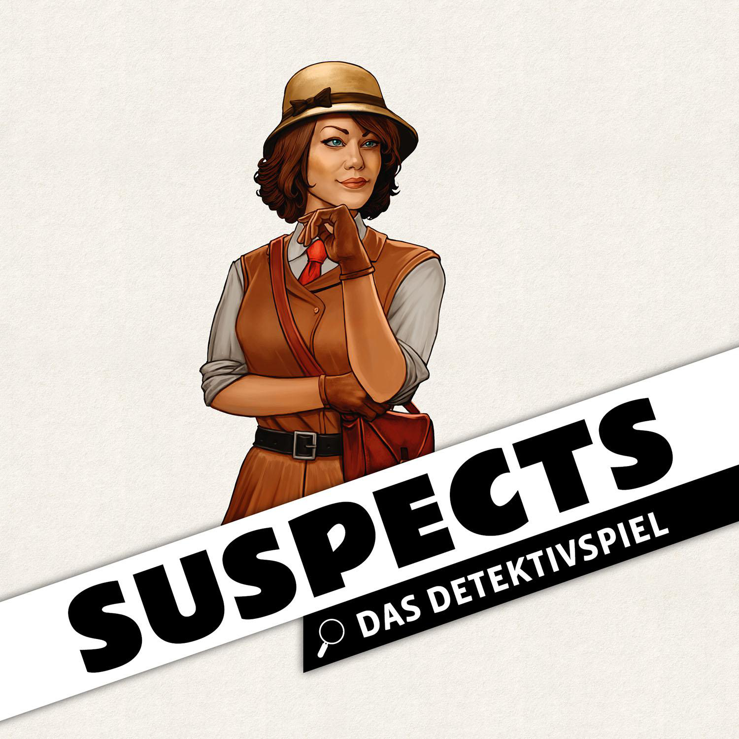Illustration einer Frau in Detektivkleidung. Titel lautet 'SUSPECTS' auf weißem Hintergrund.