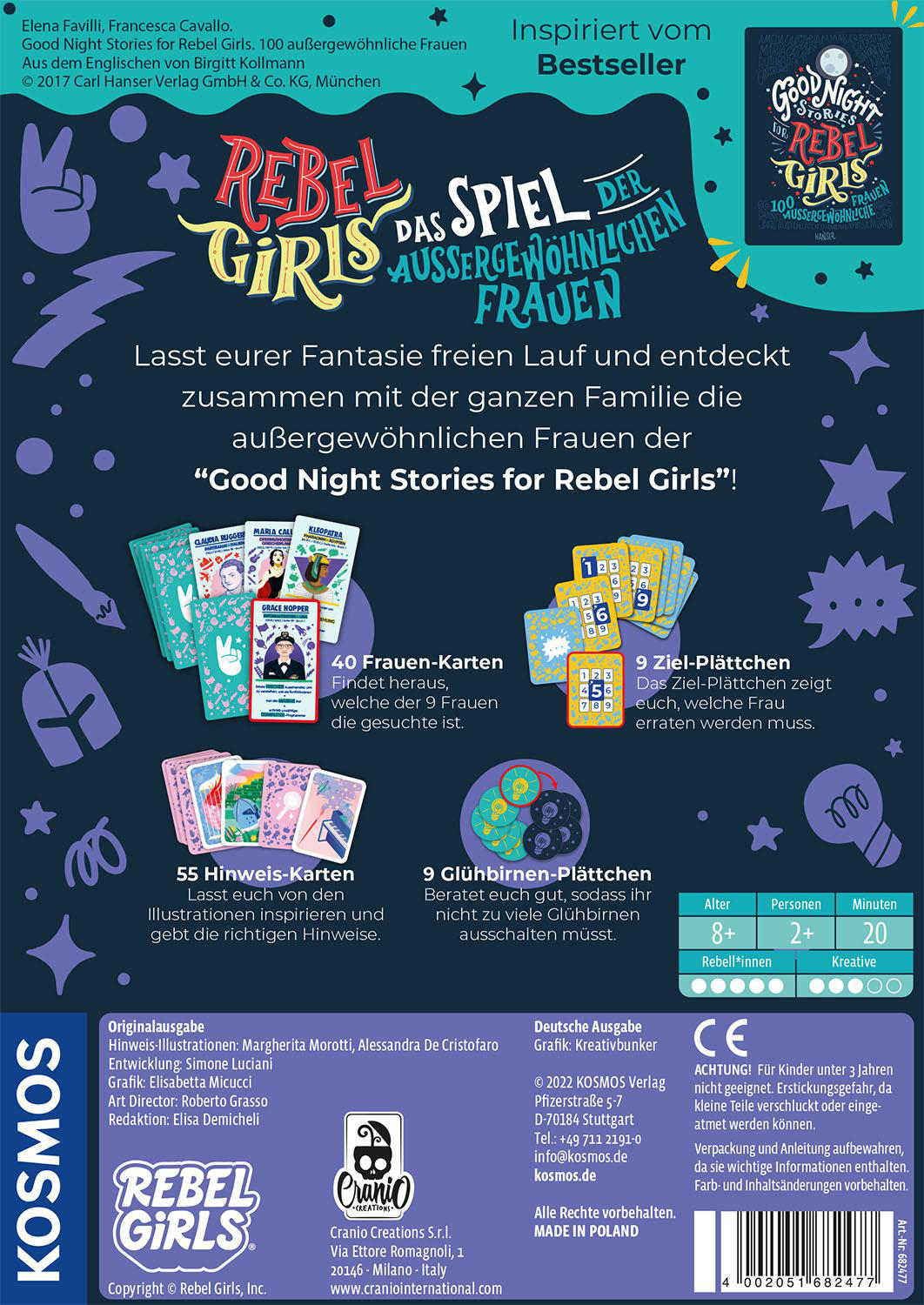 Box für ein Brettspiel mit Text und Illustrationen, weißer Hintergrund.