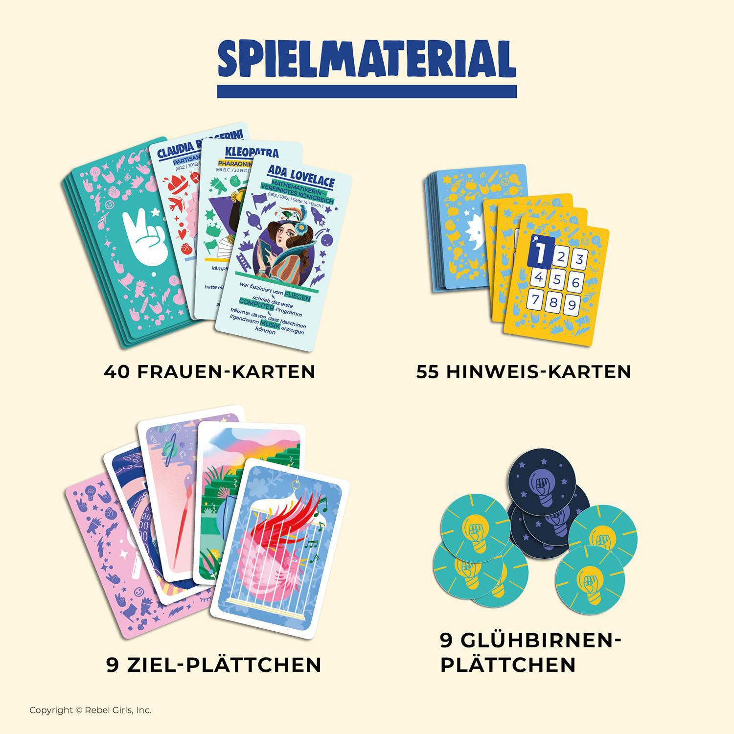 Brettspielkomponenten: Karten, Spielsteine ​​und Spielbretter.
