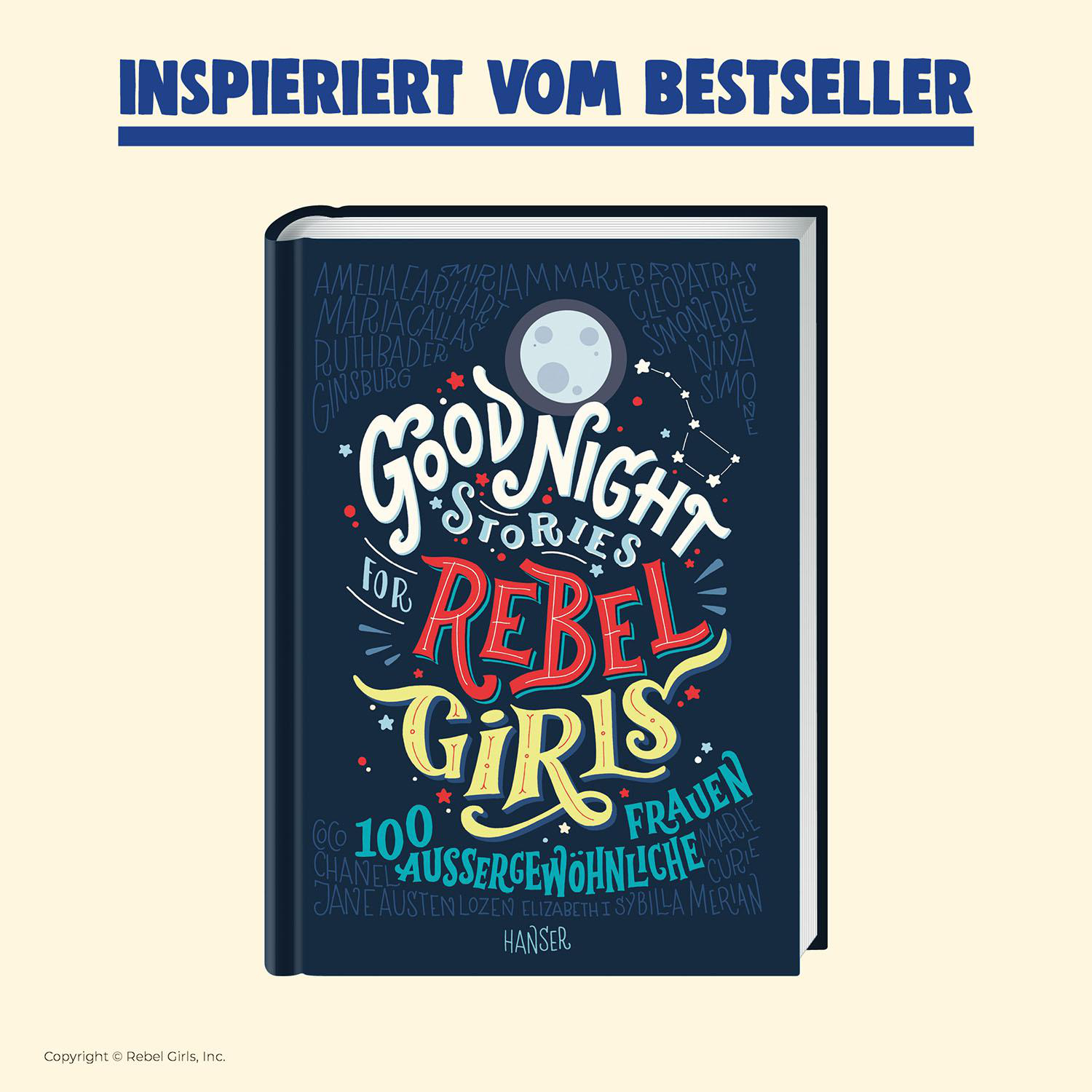 Buchcover von Good Night Stories for Rebel Girls. Bunter Text und Illustrationen auf dunkelblauem Hintergrund.