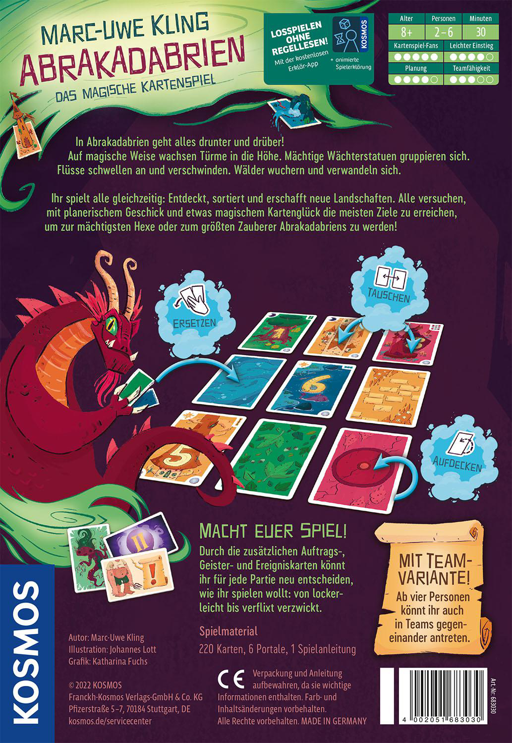 Rückseite einer Brettspielbox. Es hat einen Drachen, Karten und Text auf Deutsch.