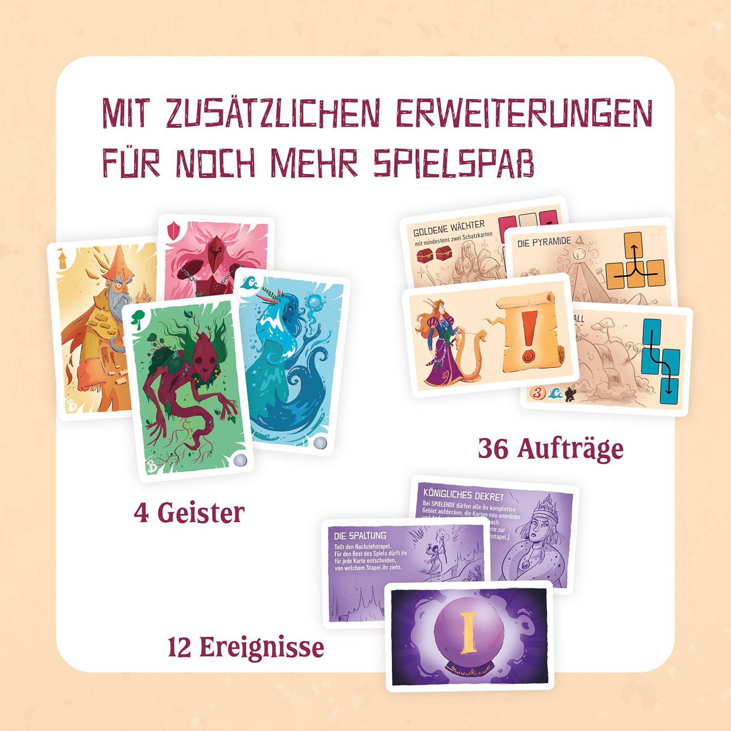 Brettspiel mit Karten und Teilen. Text enthält '36 Missionen', '4 Geister', '12 Ereignisse' und mehr.