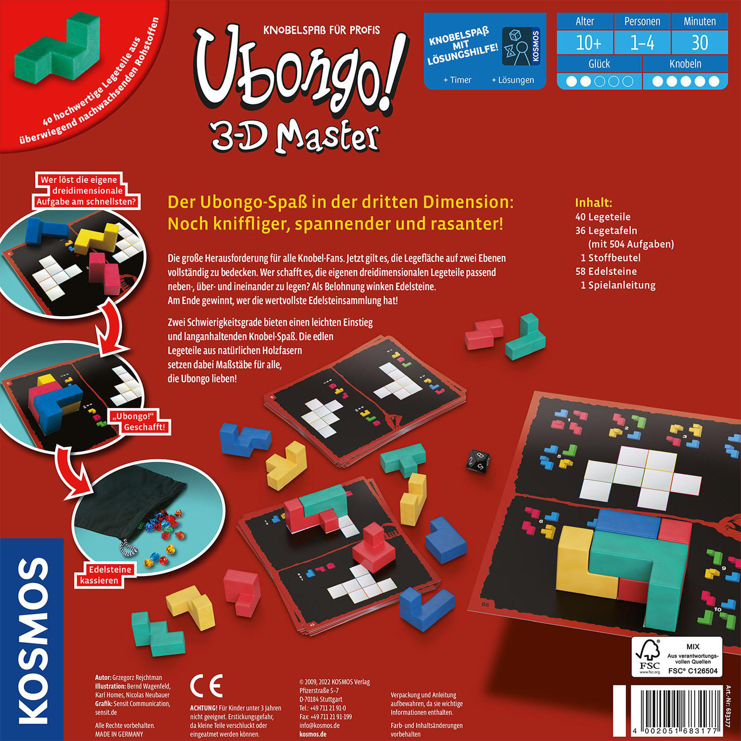 Ubongo 3D Master Spielbox offen, zeigt Spielsteine und Anweisungen. Bunte Spielteile.