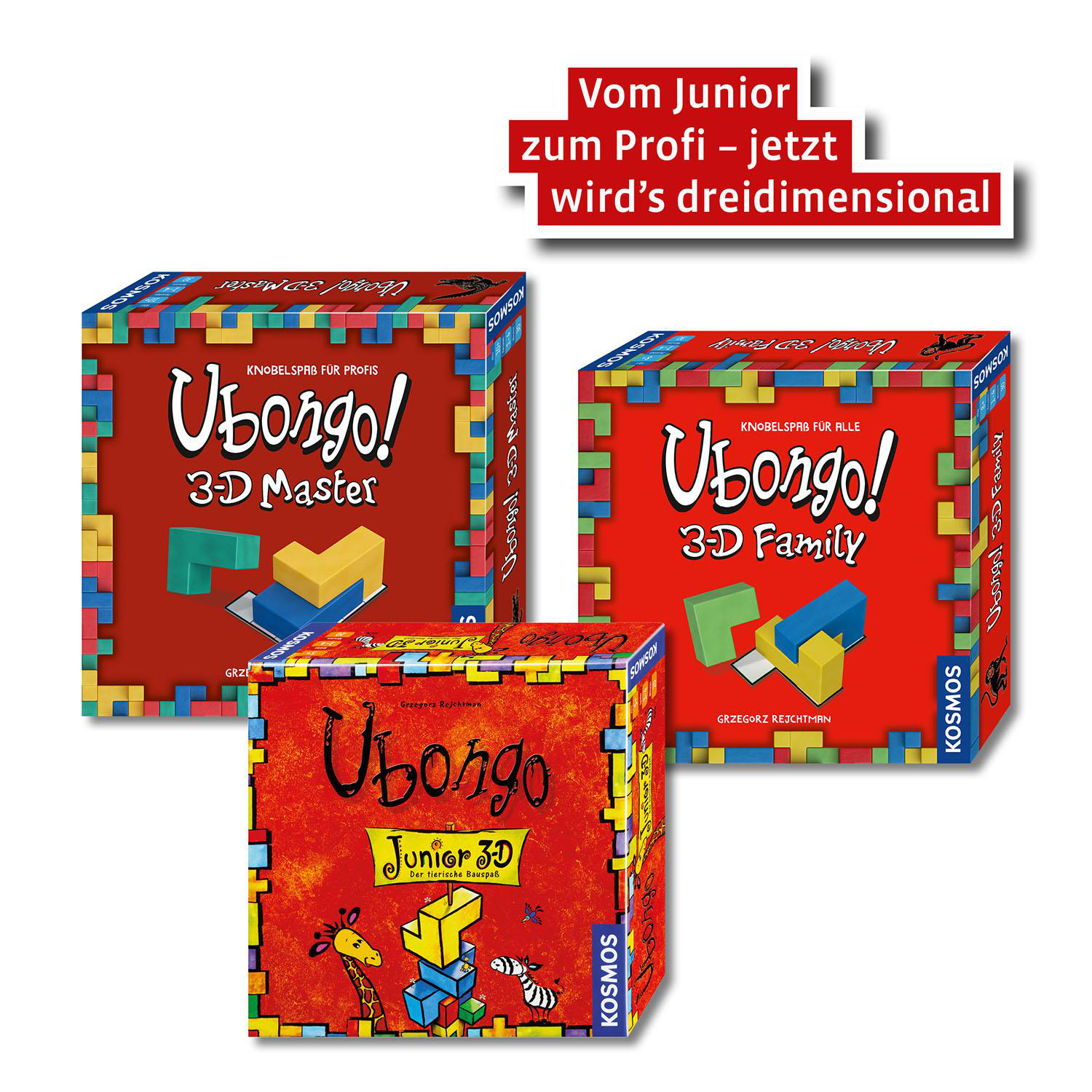 Drei Ubongo-Brettspielboxen: 3D Master, 3D Family und Junior 3D, alle mit bunten Designs und Logos.
