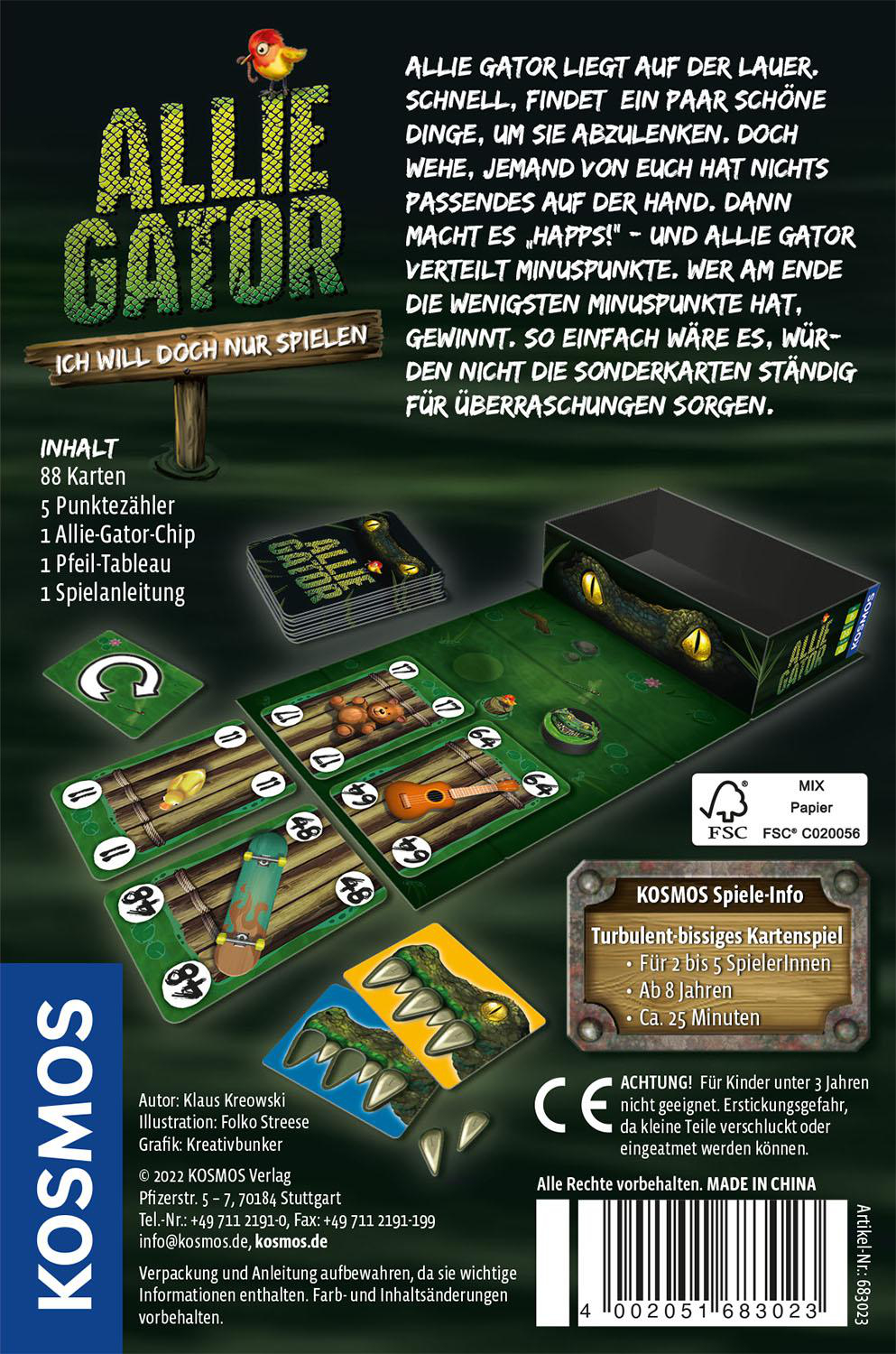 Die Rückseite einer Brettspielbox mit dem Titel 'Allie Gator'. Enthält Spielsteine und Anweisungen.