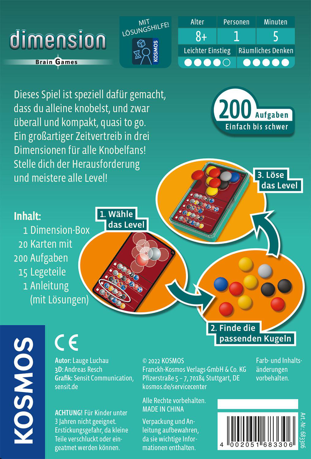 Eine Brettspielbox mit Text und Illustrationen. Das Spiel heißt 'dimension'.