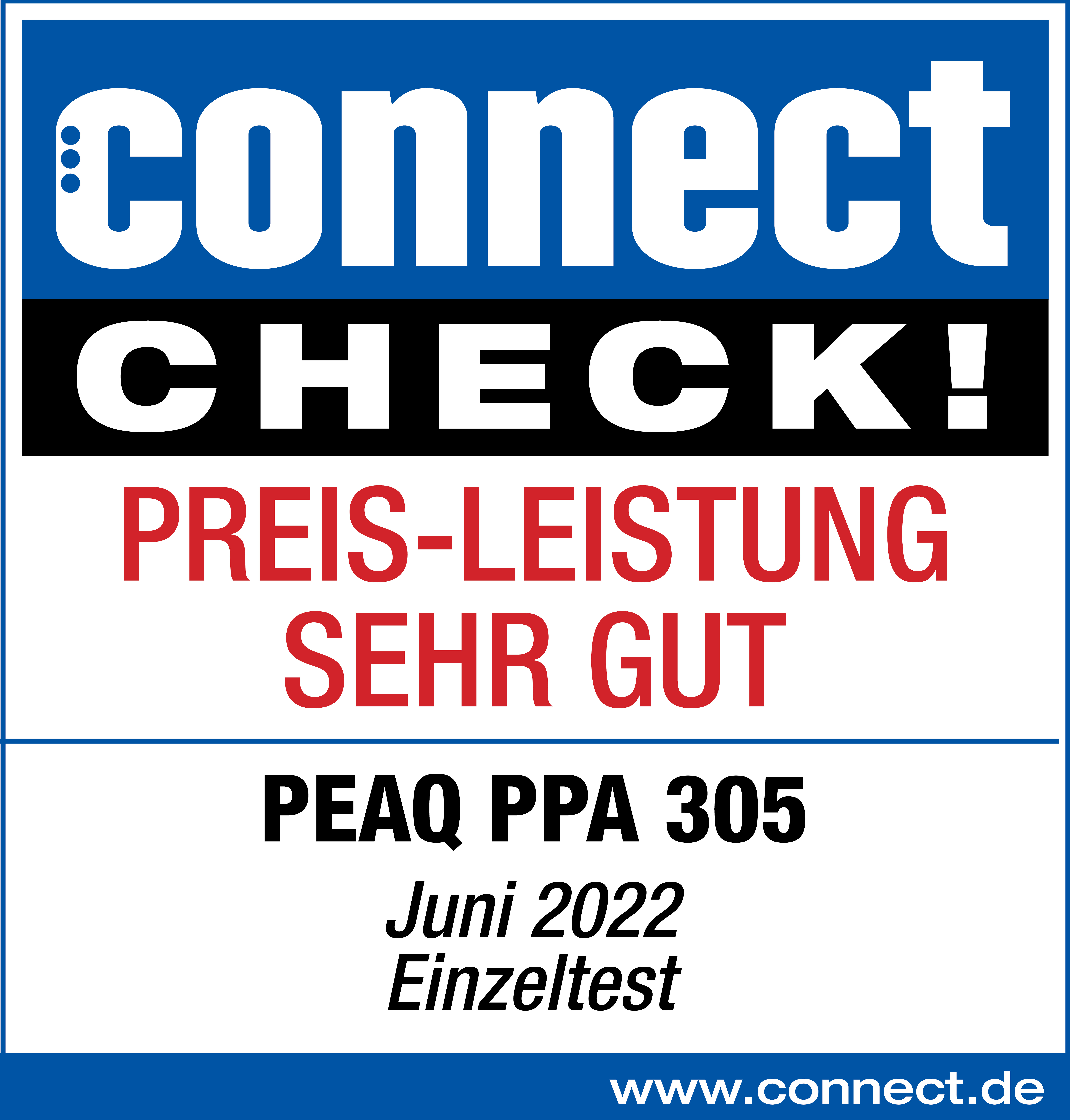 Blau-weißer 'Connect Check!'-Aufkleber mit Text.