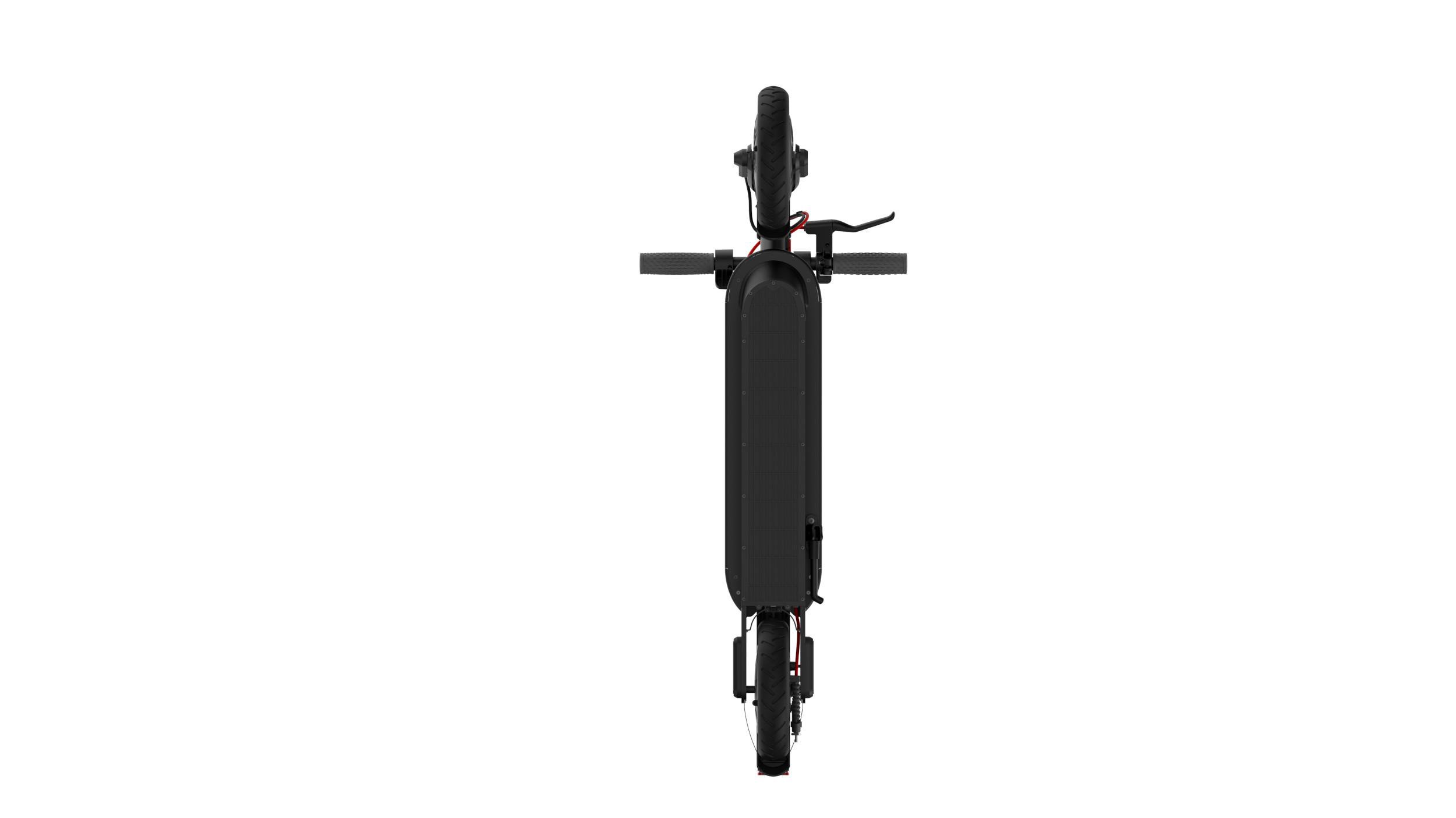 Eine Draufsicht auf einen schwarzen E-Scooter vor weißem Hintergrund.
