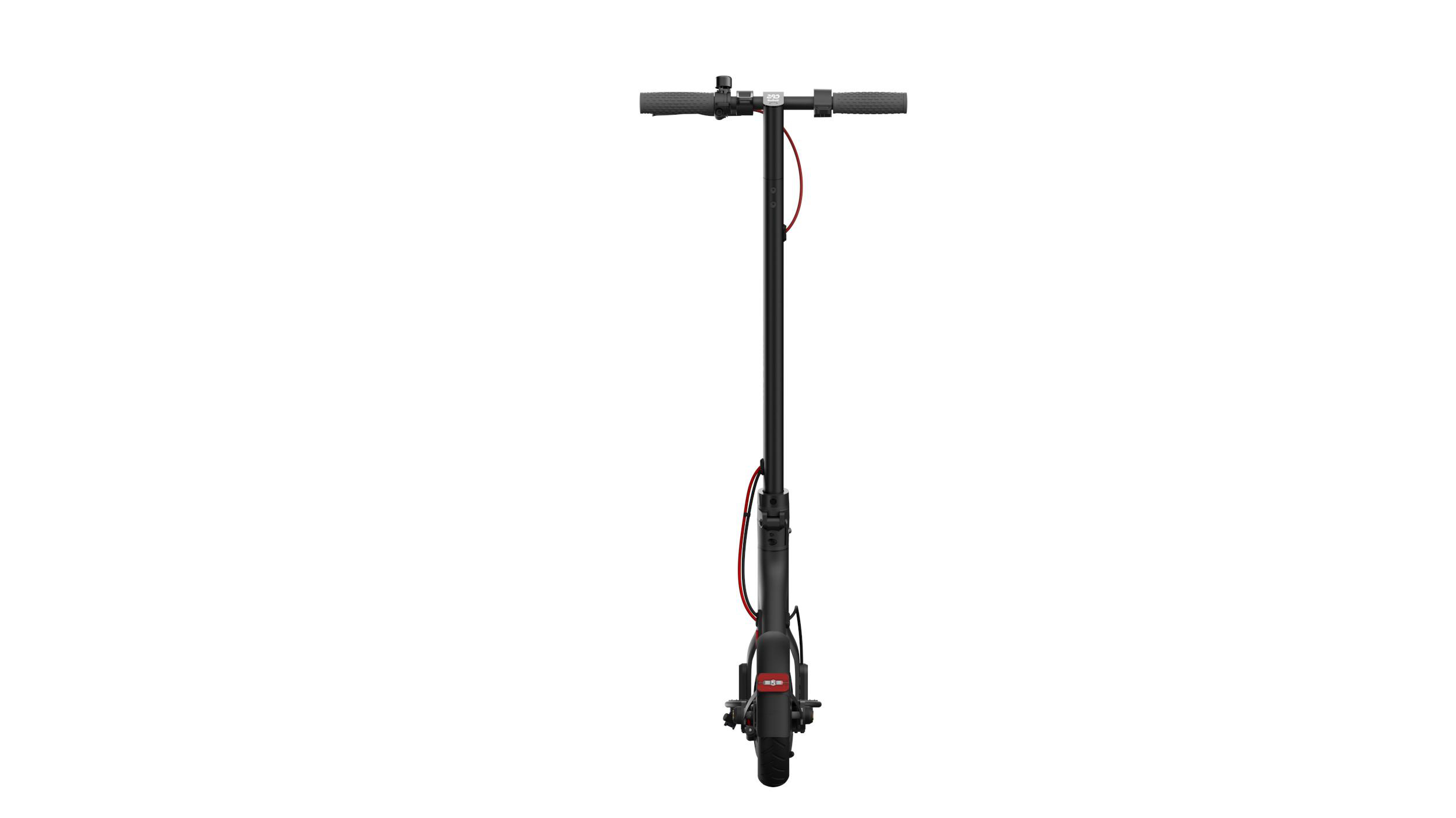 Schwarzer Elektroroller von vorne gesehen, Lenker und rotes Kabel sind sichtbar.