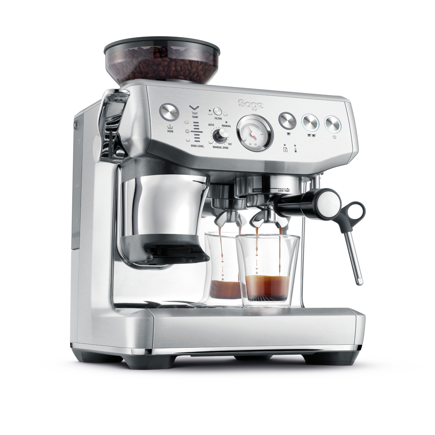 Zilveren espressomachine met een bonenreservoir en een kopje koffie dat wordt ingeschonken.