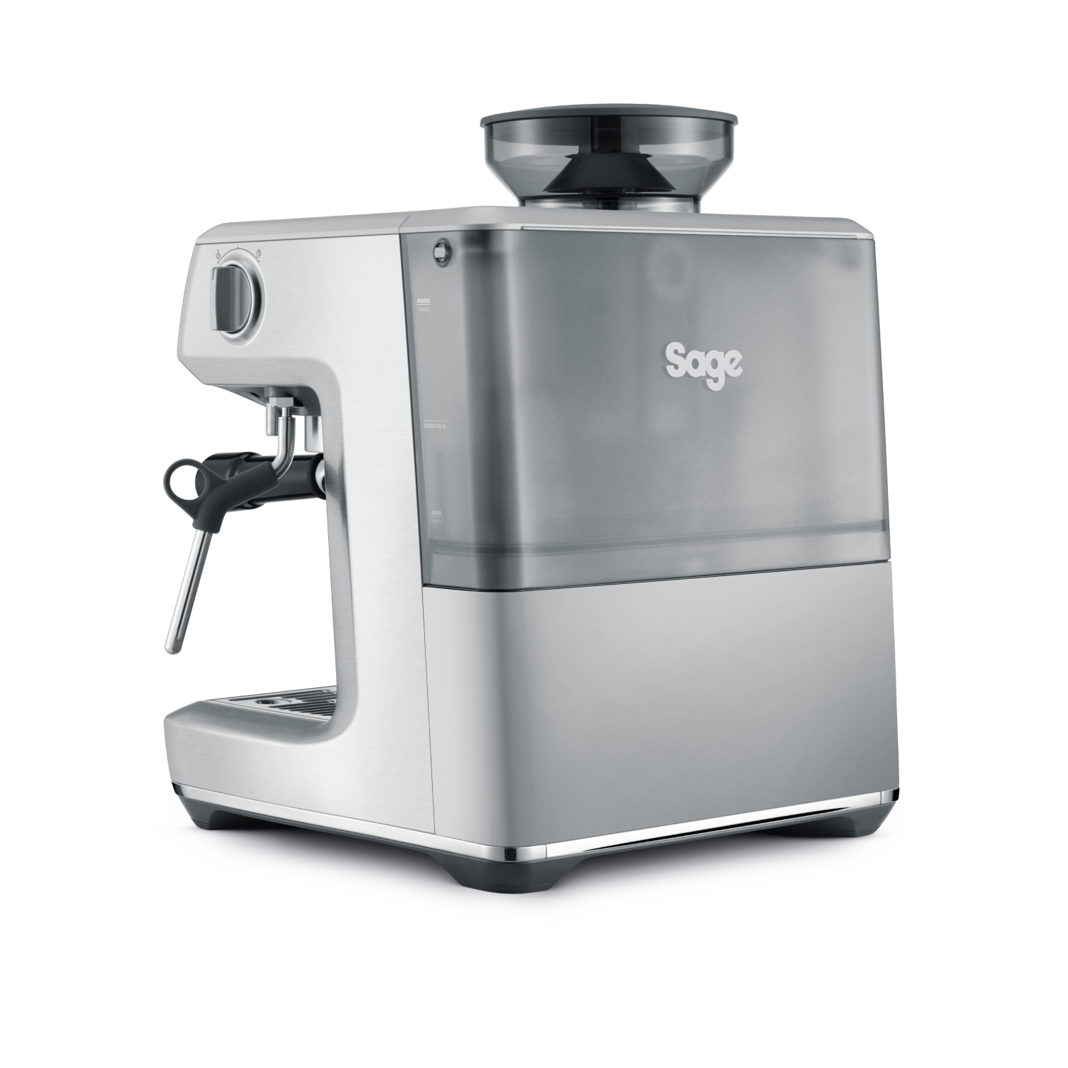 Sage espressomachine, zilver en zwart, met watertank en molen bovenop.