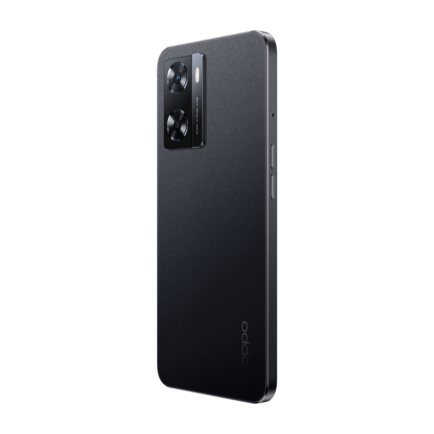 Zwarte telefoon met dubbele camera's op zwarte achtergrond.